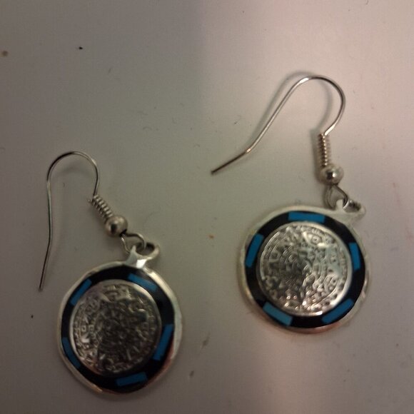 Jewelry - Vintage aztec calendar silver earrings mexico 925